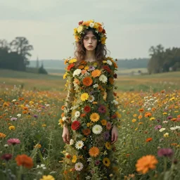 The girl made out of flowers, surreal landscaping in the background, portrait by Esao Andrews, concept art, existential horror, 4k HD, trending on ArtStation