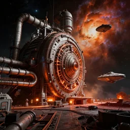 a warm saturated colours, high contrast dark hyperreal deep space dock mining platform with massive piping inspired by nuclear reactor core maschinen krieger mri machine millennium falcon space-station Vuutun Palaa submarine, space-station Vuutun Palaa, ilm, beeple, star citizen halo, mass effect, starship troopers, elysium, the expanse, iron smelting pits, high tech industrial, dramatic nebula sky, volumetric lighting