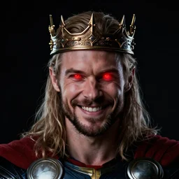 man with a crown, smirk, photograph, black backgrounds, glowing red eyes, thor