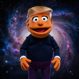 Photo of a muppet of Donald-Trump in a nebula