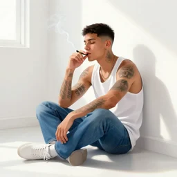 a tattoed young and thin latino guy sitting on the floor in a well lit white room wearing a sleeveles shirt and blue jeans, short hair, tattoos, smoking, illustration, detailed, natural light, establishing shot, art by greg rutkowski