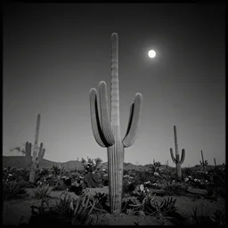 desert with saguaro cactus moon, black and white, dark, gritty high contrast, pinhole camera - n 4