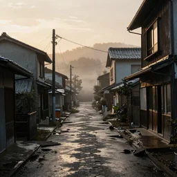 creepy view of dilapidated Japanese street in a forgotten town, fog, rain, volumetric lighting, beautiful, golden hour, sharp focus, highly detailed, cgsociety