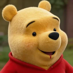 close up of winnie the pooh with a severed pigs head dripping blood, cinematographic shot, by daniel f. gerhartz