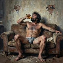 a dirty grunge painting with dark and muted colors of jack black in his underwear sitting on the couch drinking beer. an apartment full of dirt with torn wallpaper in the background. matte painting, complex massive detail.