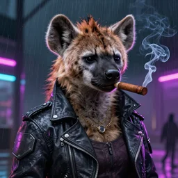 digital painting of anthromorphic hyena female smoking cigarrete in cyberpunk style, fursona, furry fandom, neon rainy cyberpunk setting, anthro, wearing cyberpunk leather jacket, detailed face,