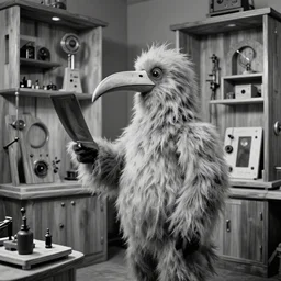 realistic photo of a an x - ray of hairy furry fluffy birdman, very long beak, in a living room sci - fi laboratory with many wooden gadgets made of wood interior is made of wood, monochrome greyscale 1 9 9 0, life magazine reportage photo, natural colors