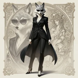 full body photograph of a female albino anthro wolf fursona wearing a black suit and sunglasses, deep focus, intricate, elegant, highly detailed, digital painting, artstation, concept art, matte, sharp focus, illustration, d & d, fantasy, hearthstone, art by artgerm and greg rutkowski and alphonse mucha