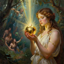 eris, greek goddess of chaos, and eve in the garden of eden, holding an reflective gold!!! metal apple, god rays, volumetric lighting, knowledge, by michael cheval, peter mohrbacher, boris vallejo, jessica rossier, oil painting, highly detailed, cinematic lighting, unreal