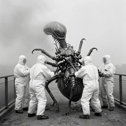 old black and white photo, 1 9 1 3, depicting scientists in hazmat suits removing a huge alien biomechanical insect corpse on a bridge, historical record, volumetric fog