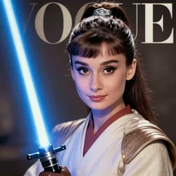 head and shoulders portrait of a female knight, star wars, jedi, robes, blue lightsaber, young audrey hepburn, by stanley kubrick, vogue fashion photo