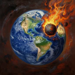 earth during the cretaceous – paleogene extinction event, just as the asteroid is colliding with earth, thunderstorms and hellfire, in the style of hudson river school of art, oil on canvas