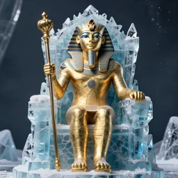 a mumy sit on an ice throne and holding a scepter ultrarealistic