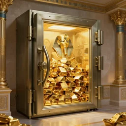 a bank vault full gold ingots in the style of ancient egypt, art by greg rutkowski and artgerma, concept art design architecture