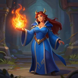 Who : a mage with a blue robe casting a fire ball ; Body type : voluptious hourglass ; Frame : no ; IMPORTANT : Hearthstone official splash art, award winning, trending in category Epic