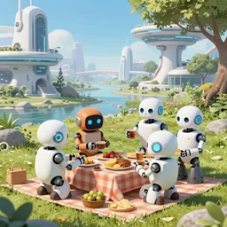 a hyper realistic digital drawing of a few robots having a picnic in a futuristic world