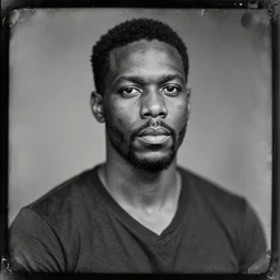 strong black man, old vintage photography, damaged photo, daguerreotype, black and white, archive, film artifacts, scratches, tears, hyperrealistic, ultra detailed