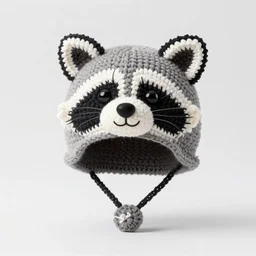 a crocheted raccoon hat, very detailed animal hat, cute details, product photo, promotional image