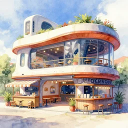 overwatch jakarta bauhaus retro cafe building, bali, stylized, exterior, architecture, zaha hadid, in watercolor gouache detailed paintings, arcane, insanely detail, artstation, 8 k, futuristic, big medium small, props, furniture and decor, empty, no character, food stall
