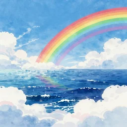 A beautiful landscape with an ocean that blends with the sky wavelike clouds, rainbow flowing clouds flowing like smoke, vivid landscape, award-winning anime style, wallpaper, relaxing, bright, Watercolor expressionist, comic book style, manga style