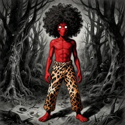 animal print pants out of control. it's redfoo with a big afro! in the style of Stephen Gammell. Scary stories to tell in the dark. horror image. Scary! macabre illustration. crosshatching.