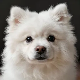 cute white furry fluffy dog face, closeup photo
