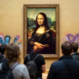picture of people watching the mona lisa painting but it's vandalized with a graffiti