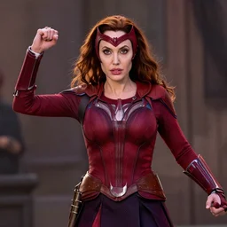 Angelina Jolie as Scarlett Witch Scarlett Witch doing chaos magic, Scarlett Witch costume, marvel marvel marvel, cinematic, photorealistic, 4k, HDR, photograph