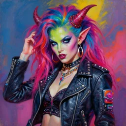 portrait of an apocalyptic demonic orc goblin female biker babe character, hot girl, cool pose, psychedelic vibrant colors, futuristic punk rock fashion, oil painting by michael whelan art, sharp focus, realistic, detailed eyes, 8 0 s hair, studded leather jacket, 8 k