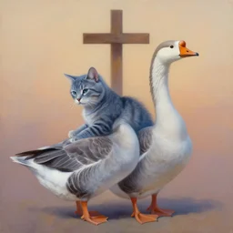 painting of cross between cat & goose, intercrossed animal, by tiffany bozic, by corine perier, amazing details, cold hue's, warm tone gradient background, beautiful composition, digital painting