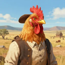 wild west portrait of furry anthro anthropomorphic chicken head animal person fursona wearing clothes in the valley, sunny day, digital art by Nerdrum John, William Waterhouse, Winslow Homer, Alex Heywood, Jordan Grimmer, Darren Quach, Greg Rutkowski, Simon Stalenhag, trending on Artstation, CGSociety