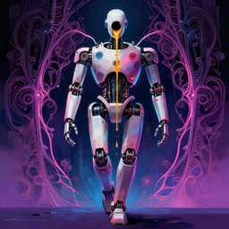 low angle shot of A Robot With its head missing, gushing out oil from the hole, walking towards the viewer, neon color scheme, by Clive Barker , intricate, elegant, highly detailed, centered, digital painting, artstation, concept art, smooth, sharp focus, illustration, artgerm, Tomasz Alen Kopera, Peter Mohrbacher donato giancola, Joseph Christian Leyendecker, WLOP, Boris Vallejo.