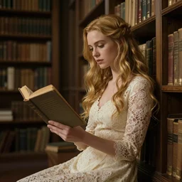 cinestill 5 0 d wide angle portrait of a dreamy beautiful full body woman britt marling 3 / 4 by roversi taking a book in a dystopian fantasy library, long hair, wearing lace, 8 k, elegant, highly detailed, pale gold matt, soft blur, artstation, sharp focus, head in focus,