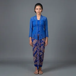 highly detailed full body portrait of photo of indonesian girl in traditional wear, studio portrait, grey colored eyes, blue colored traditional wear, photo by jerry ghionis, hyper realistic, concept art, 8 k detail post - processing