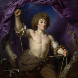 capturing giant gulliver with ropes, dry trees, purple drapery, hanging tarp ceiling showing the stars, stoic, light dust, magnificent, hyperdetailed, theatrical, close up, masterpiece, painted by jean honore fragonard and greg rutkowski