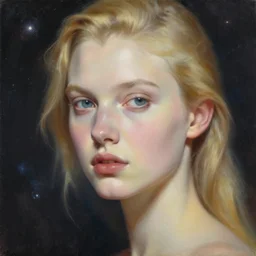 hyperrealism oil painting, close - up portrait of blonde fashion model with pale skin in soft light, classicism style, space galaxy background