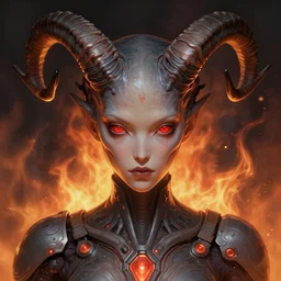 symmetry!! portrait of realistic alien with horns. red eyes, human eyes, background flames, sci - fi, tech wear, glowing lights!! intricate, elegant, highly detailed, digital painting, artstation, concept art, smooth, sharp focus, illustration, art by artgerm and wayne barlowe and alphonse mucha