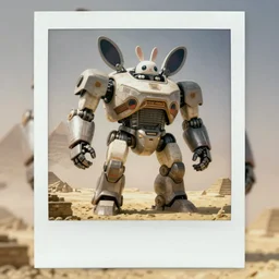 epic battle pose! giant oversized battle robot mech  as giant double decker  cute with big ears and  rabbit driver  in giza , Cinematic focus, Polaroid photo, vintage, neutral colors, soft lights, foggy, by gregory crewdson