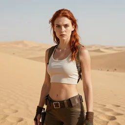 fantasy concept art, wide angle, young woman, auburn hair, athletic, slavic features, clean face, serious demeanor, tomb raider, desert background, in the style of ruan jia, high detail, uplit, 8 k
