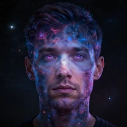 portrait of man made of space. nebulas. stars. Close up.