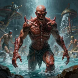 waterpark in hell painting by brain froud, charles vess, cinematic lighting, epic composition, highly detailed