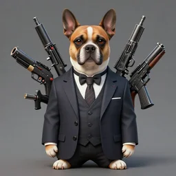 dog wearing a suit with many guns, 4 k, art station concept art, highly detailed