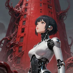 detailed, sharp, dreaming humanoid female automata looking up to a red building consumed by alien flesh by Anna Dittmannand, digital art. surreal. trending on art station. anime arts. featured on Pixiv, HD, 8K, highly detailed, good lighting, beautiful, epic, horror