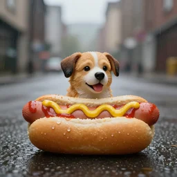 a dog!!! in a hotdog bun!!!, anthropomorphic, 3 5 mm f 1. 2 photograph, dof, ketchup mustard, wet, rainy, photorealistic, by zdzislaw beksinski and gerard brom