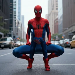 Gigachad as Spider-Man, film still, wide-shot, full shot, cinematic lens, heroic portrait