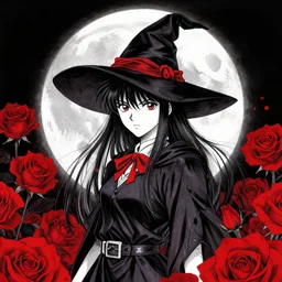 portrait, A young witch in front of the full big moon, book cover, red roses, red white black colors, establishing shot, extremly high detail, foto realistic, cinematic lighting, pen and ink, intricate line drawings, by Yoshitaka Amano, Ruan Jia, Kentaro Miura, Artgerm, post processed, concept art, artstation, matte painting, style by eddie, raphael lacoste, alex ross