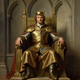 attractive bradley james as attractive king arthur pendragon, sat in his throne, big arches in the back, very detailed painting, by gaston bussiere, craig miller, j. c. leyendecker