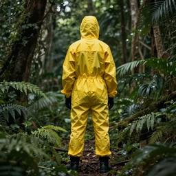 « a person wearing yellow hazma suit, in a dark jungle, photorealistic, unreal engine 5, full body portrait, back view »