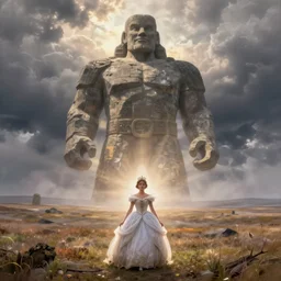 giant stone man by grzegorz rutkowski, atmospheric haze, stormy, tundra, hudson river school, princess in foreground, large scale