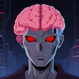 a malevolent digital intelligence, portrait of ai, digital human brain, red eyes, hi tech, futurism, rhads!!!, ( art fitzpatrick ), ( asaf hanuka ), ( ( barclay shaw ) ), ominous, digital science fiction realism, urban fantasy, saturday morning cartoon, clean linework, western animation
